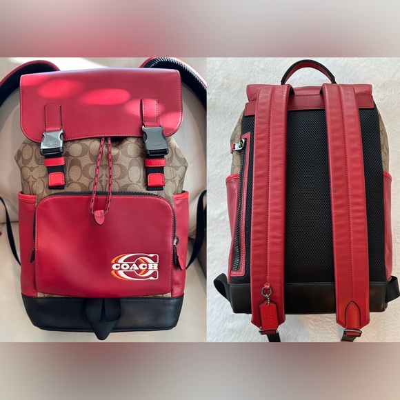 COACH TRACK COLORBLOCK SIGNATURE KHAKI CANVAS RED LEATHER LOGO STAMP BACKPACK - Picture 3 of 13